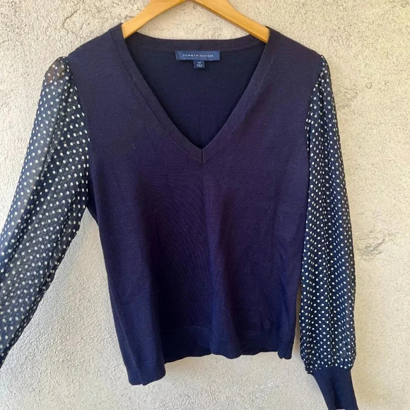 NWOT Tommy Hilfiger Navy Blue Polka Dot Long Sleeve Blouse Top Small - Picture 4 of 7
